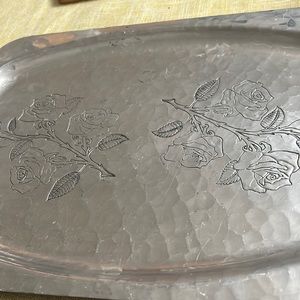 Vintage Wrought Faberware Aluminum Rose Etched Serving Tray With Handles